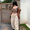 Kpop футболка с леопардовым принтом женская Y2k Harajuku тонкий укороченный топ корейский винтажный сексуальный квадратный воротник футболка с короткими рукавами летняя