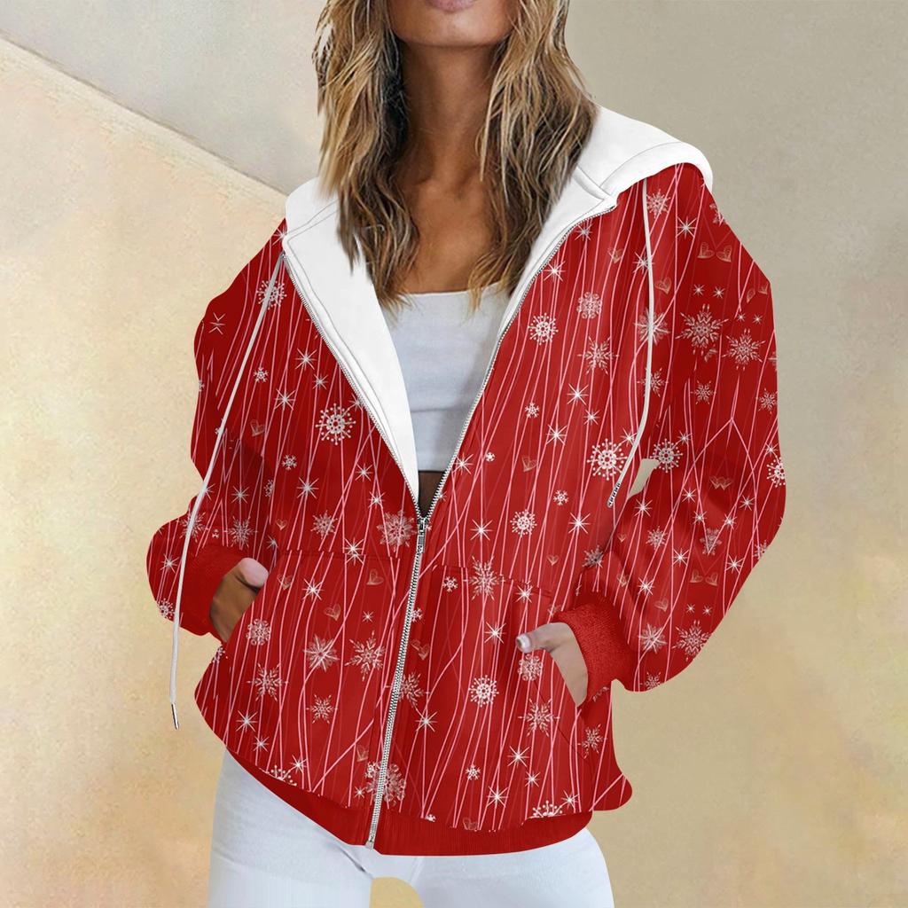 Женская модная повседневная толстовка с рождественским принтом и длинными рукавами, карманная куртка, пальто с капюшоном на молнии