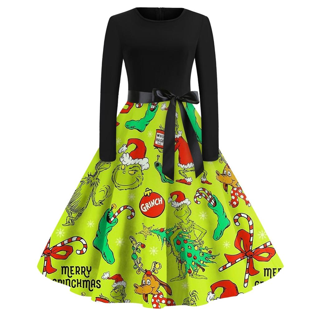 Женское повседневное рождественское платье с круглым вырезом и широкими рукавами, облегающее платье