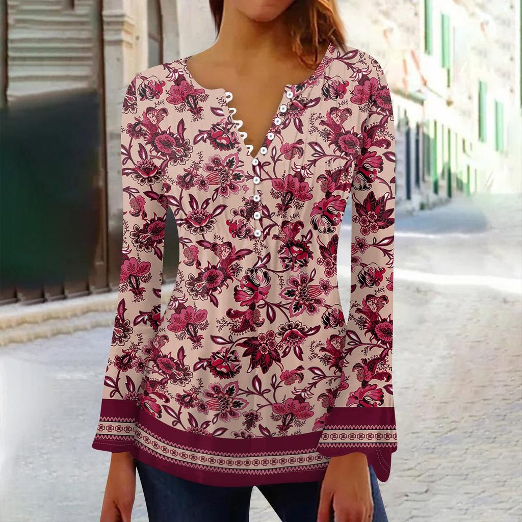 Женская плиссированная футболка на пуговицах с v-образным вырезом и длинными рукавами с цветочным принтом, топы