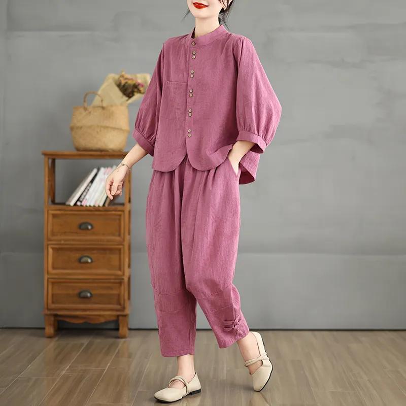 Льняной костюм в китайском стиле, женская летняя свободная модная рубашка + брюки-шаровары, костюм из двух частей