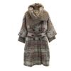 Check Pattern Wool Blend Long Coat 36 Beige Women Used