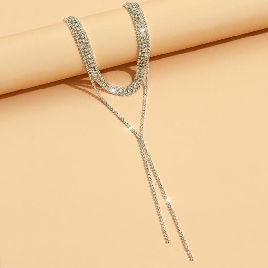 2 Pcs/Set Women Necklace Earrings Set for Formal Banquet And Prom Multi-layered Tassel Rhinestone Adjustable Chain Wedding Bride
