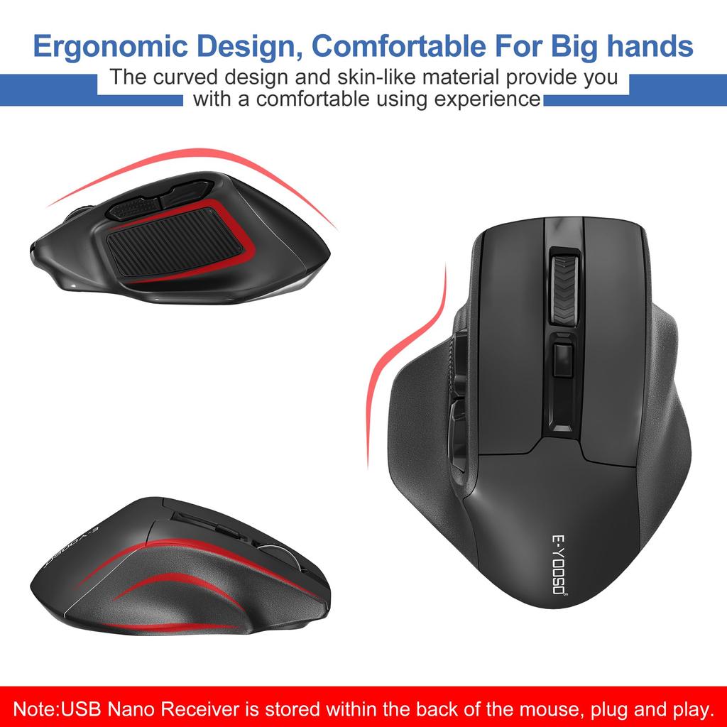 Large Wireless Mouse for Large 4800 DPI 6 Ergonomic Design with Quiet Computer Mouse with for and Windows X-31 Hands, 5-Level Switching, Buttons,