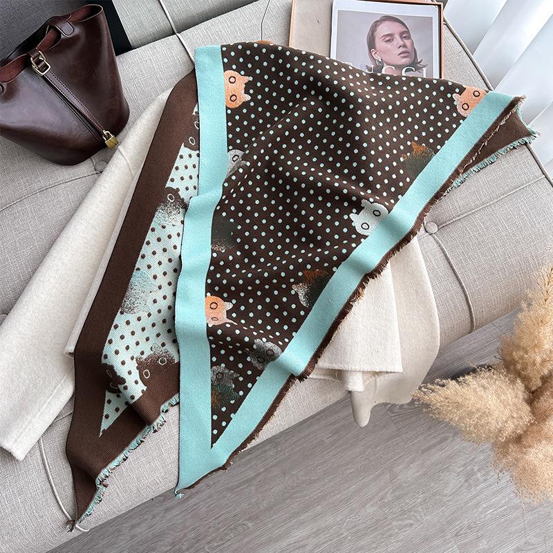 Autumn And Winter Triangle Scarf Polka Dot Kitten Print Double-Sided Warm Scarf Shawl Outer Cover Women