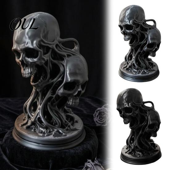 Spooky Bar Decor 3D Printed Double Skull Ornament, Resin Twisted Skeleton Figurine, Gothic Desktop Durable Halloween Table Decorations Statue for Home