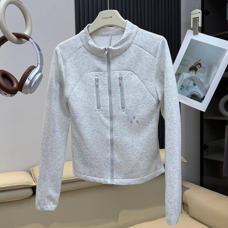 Womens Slim Fit Stand Collar Zip-Up Hoodie Lightweight Cotton Blend Outdoor Active Top Short Length
