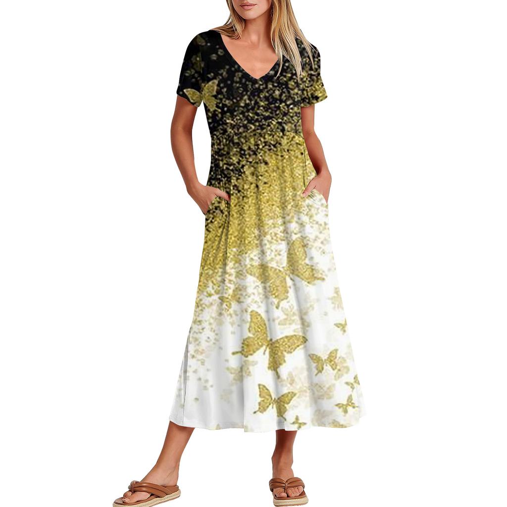 Women's Casual Dresses With Pockets, Flowing Maxi Skirt, Women's V Neck Short Sleeve Summer Maxi Dress