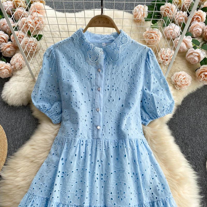 New Elegant Hollow Out Embroidered Polo Bubble Sleeves Loose Bohemian Vacation Dress Womecasual Dresses for Women