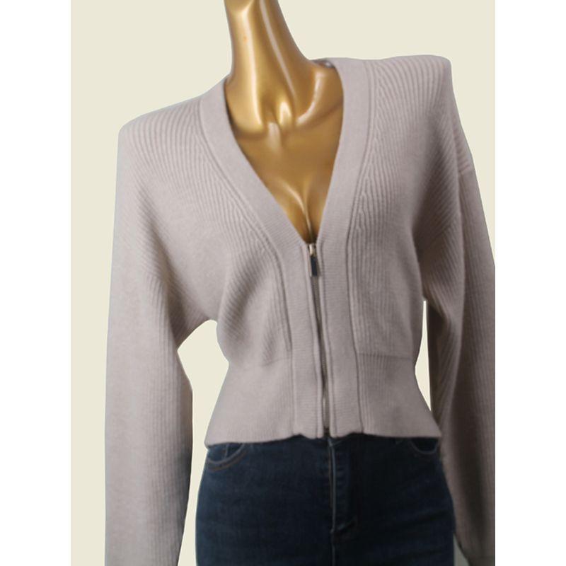 Stylish Metal Zipper V-neck Knitted Cardigan Outwear Women's High Waist Short Batwing Sleeve Outer Wear Slim Looking Tops Autumn