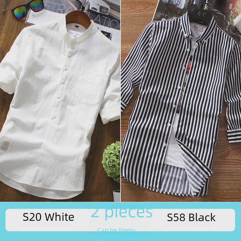 2023 Мужская модная белая льняная рубашка облегающего кроя с короткими рукавами