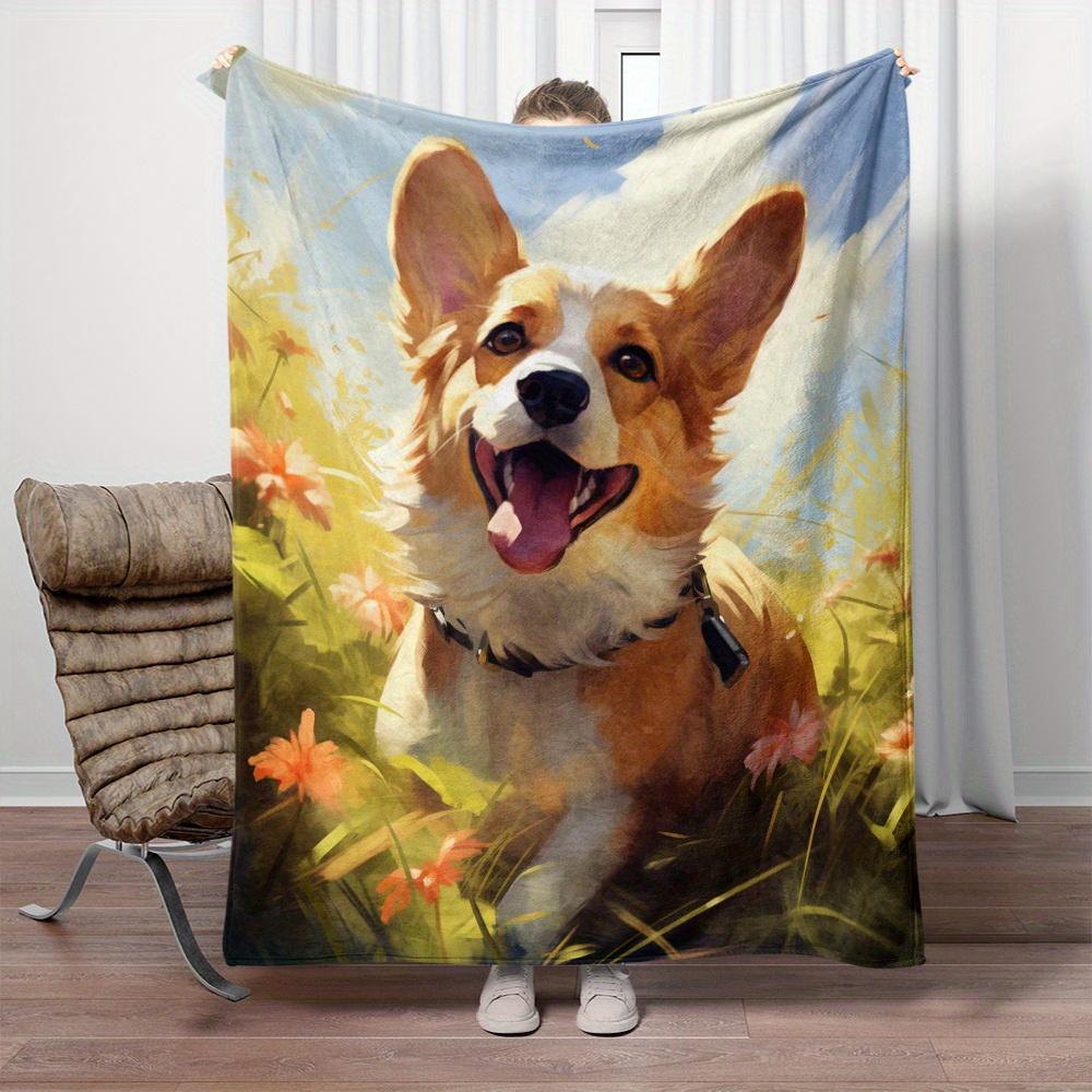 Adorable Corgi Puppy Print Flannel Blanket Ideal for Sofa, Bed, Living Room, Travel & Camping Multiple Sizes Available