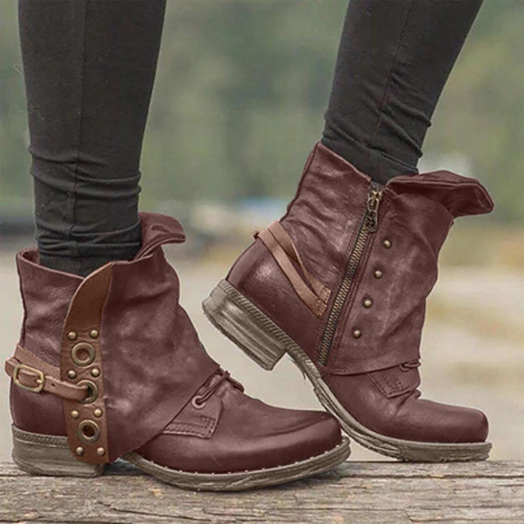 Women Leather Buckle  Boots Heel Boots Large Size Side Zipper Casual Shoes