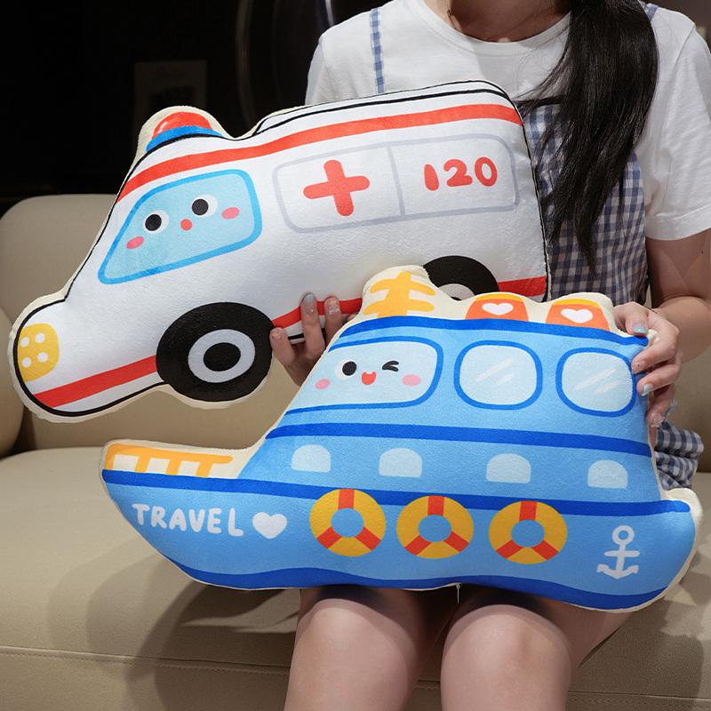 Funny Cartoon Transport Vehicles Plush Toys Cozy Stuffed Ambulance Police Car Doll Ship Plane Train Throw Pillow Cushion Home Decor