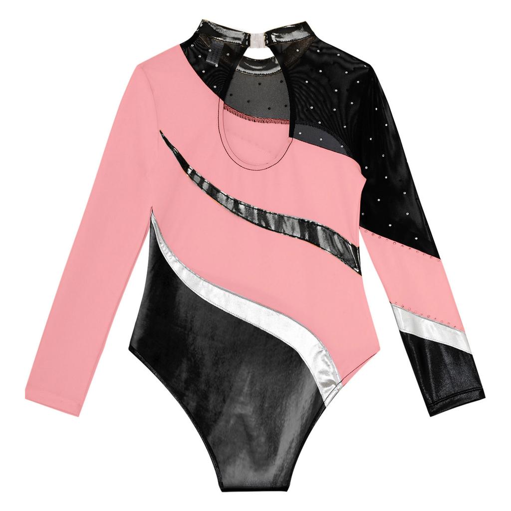 Kids Girls One Piece Leotard Shiny Rhinestone Decorated Gymnastics Jumpsuit Practice Outfits
