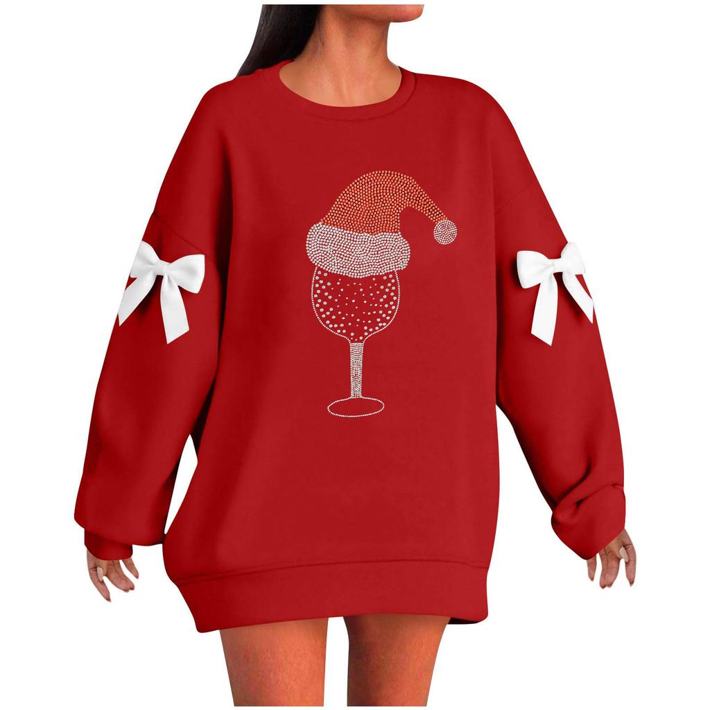 Ladies' Christmas Printed Bow Round Neck Long Sleeved Loose Pullover Sweater Sweatshirt Top