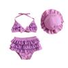 Baby Girls Summer Swimwear Outfit Sets Hanging Neck Tops + Layered Ruffle Shorts + Hat