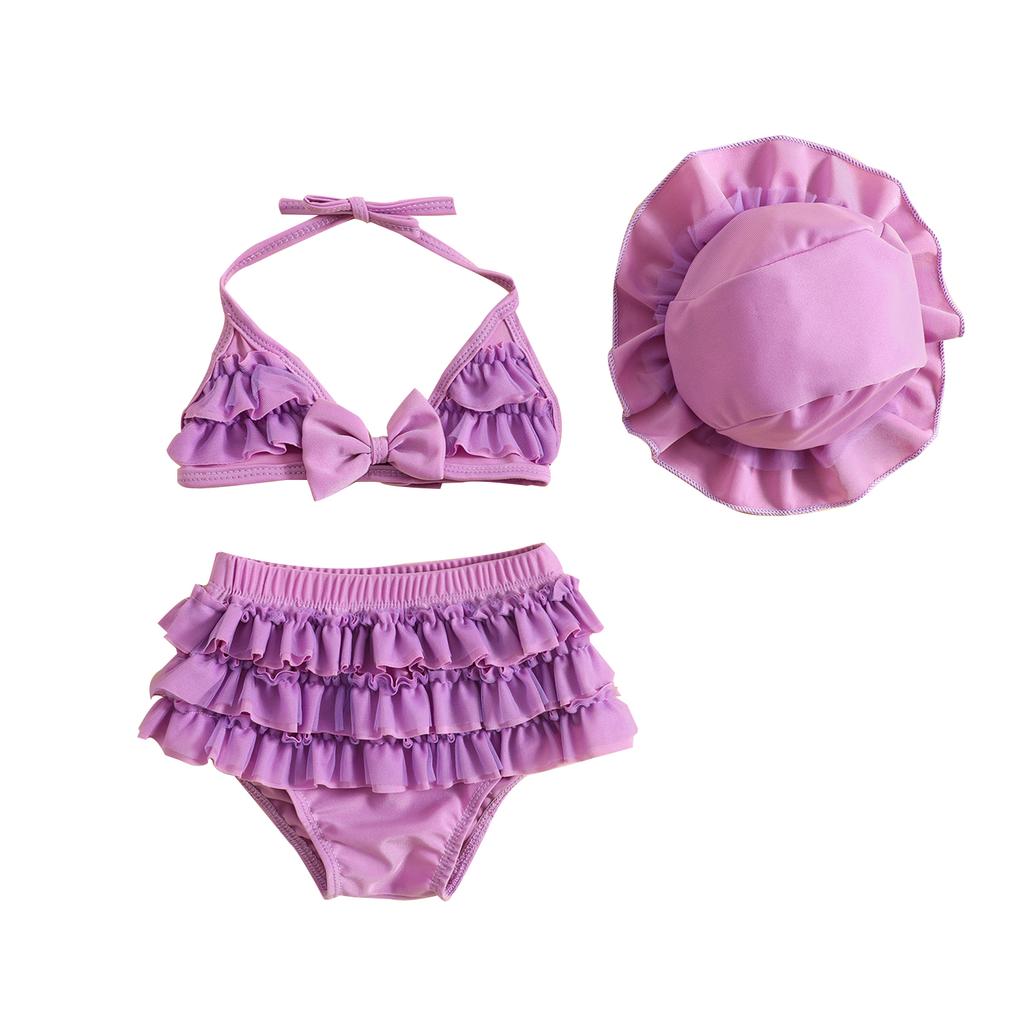 Baby Girls Summer Swimwear Outfit Sets Hanging Neck Tops + Layered Ruffle Shorts + Hat
