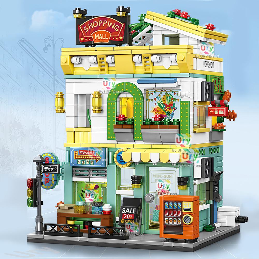 City Street View Modular Mall Supermarket Corner Convenience Store Retro Flower House MOC Architecture Building Blocks for Kids