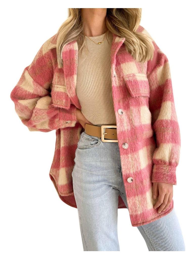 New Fashion Winter Clothes Women Plaid Jackets Coat Street Style Shacket Shirt Jacket Luxury Fluffy Button Down Long Overcoat