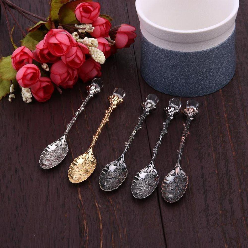 Retro Style Leaf Spoon Crystal Head Ice Cream Spoon Portable Coffee Spoon