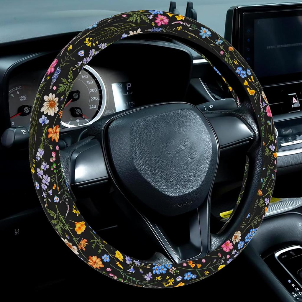 Wildflower Steering Wheel Cover For Women Men, Anti-Slip Breathable And Sweat Absorption Universal 14.5-15 Inch Cute Steering Wheel Protector,