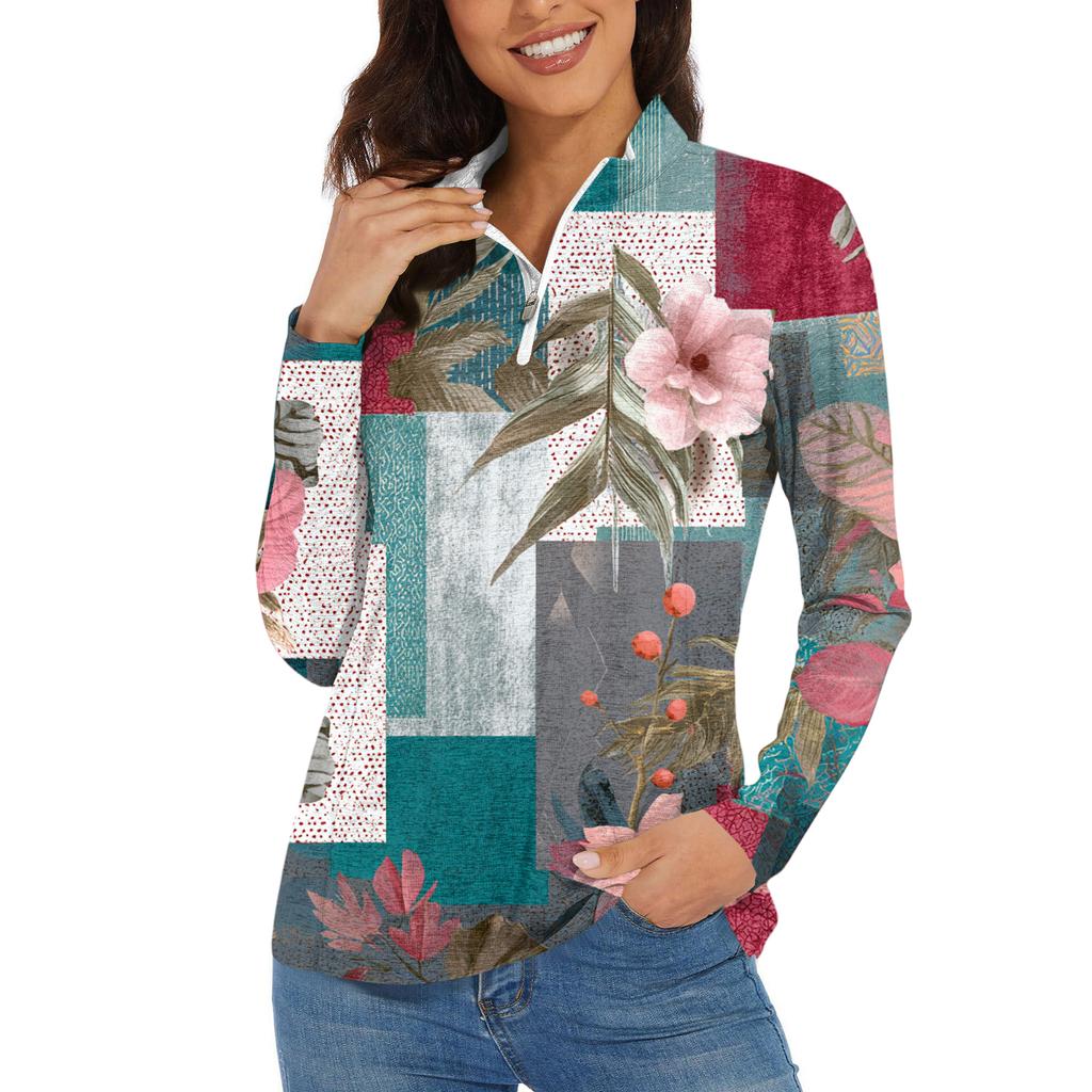 Women's Casual Fashion Retro Floral Print Long Sleeve Zipper Neck Top T-shirt