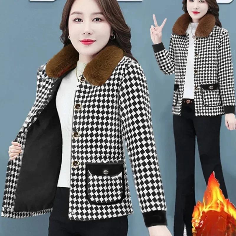 Warm Coat Women Autumn Winter New Plaid Jacket Mother Add Velvet Outwear High-End Fashion Fur Collar Detachable Overcoat Ladies