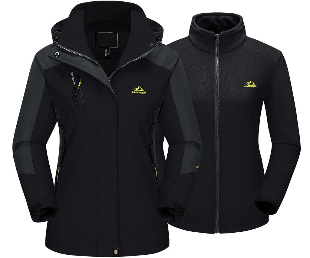 [TACVASEN] Women's Ski Wear Fleece Inner Outdoor Jacket 3WAY Waterproof Cold Protection Jumper Windproof Hood Plain Black Gray L