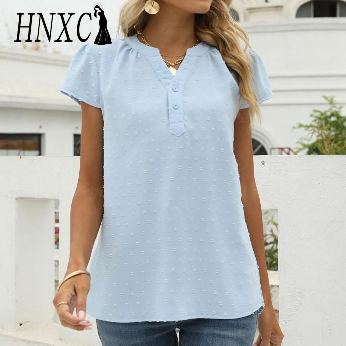 HNXC Женские модные повседневные летние однотонные блузки и рубашки с короткими рукавами и v-образным вырезом с принтом
