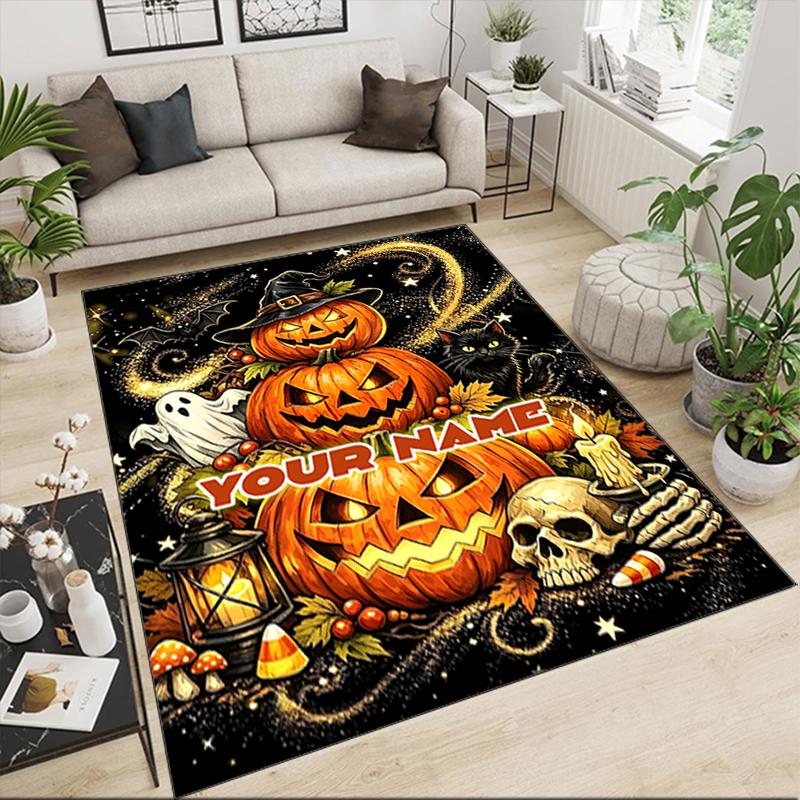 1PC Custom Name Halloween Jack-o'-lanterns Ghosts Theme Floor Mat Ideal for Living Room, Game Rooms, Office, Bedroom,Floor Mat Playful Design