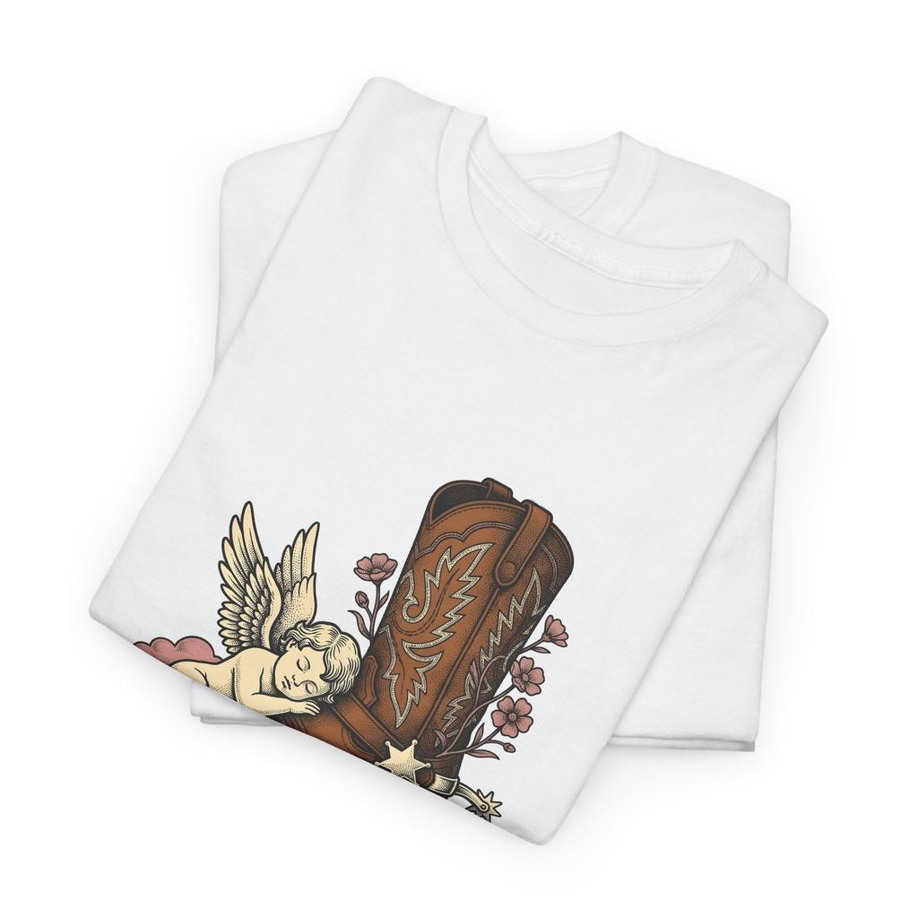 Cowboy Boot Cherub Shirt Valentine Western Gift Women Tattoo Style Tee Cherubim