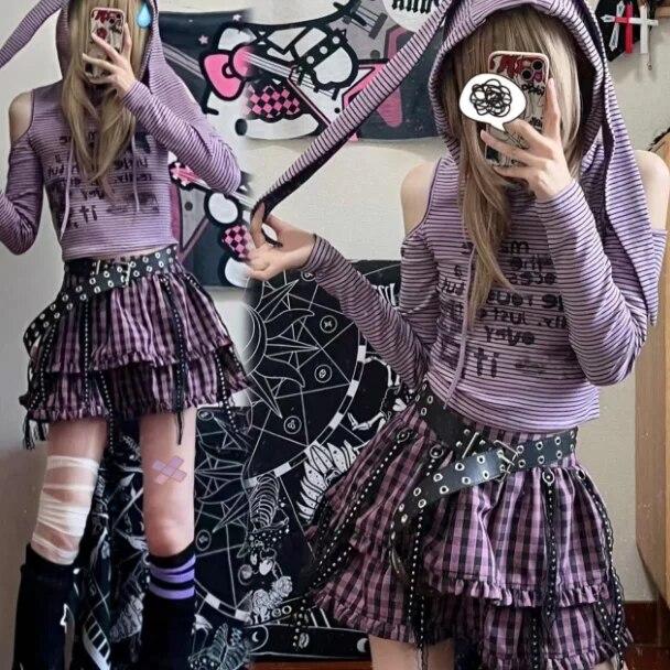 Y2k Rabbit Ears Graphic Crop T Shirts Women Harajuku Kawaii Striped Off Shoulder Hood Tops Aesthetic Goth Cute Lolita Tees