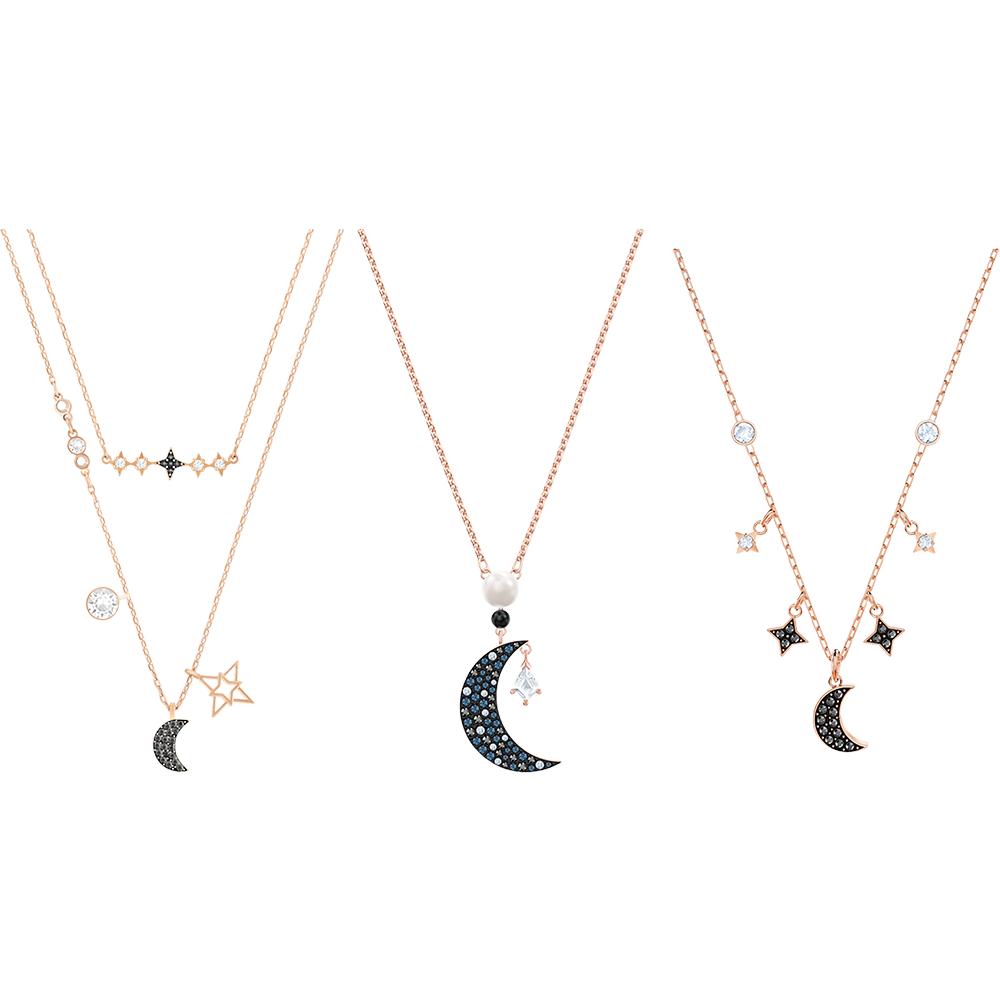 Elegant Layered Star & Moon Pendant Necklace, Silver Rose Gold Plated Sparkling Crystal Ladies Fashion Jewelry Gift