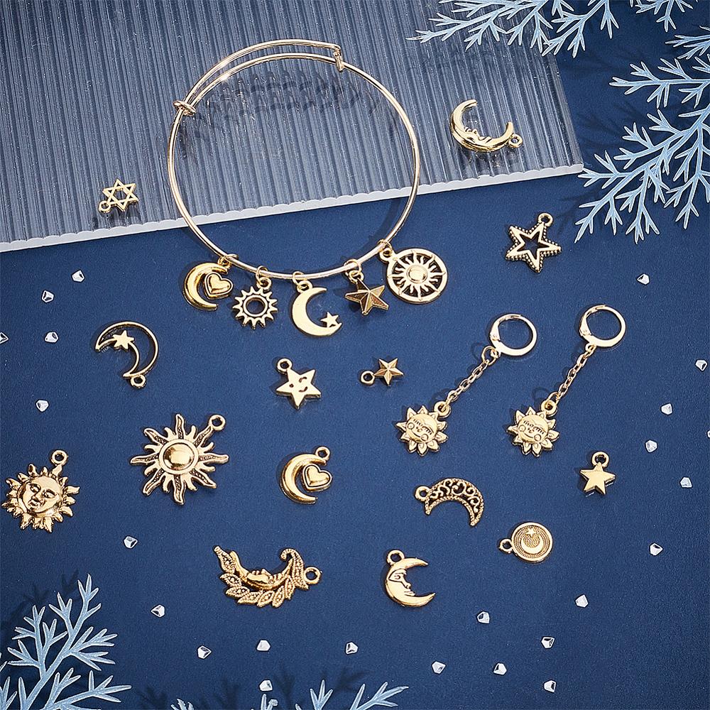 80Pcs 20 Styles Tibetan Style Alloy Pendants Moon and Sun and Star Series Pendant Set Antique Golden 11~26x8~16x1~4mm Hole: 1~2.5mm 4pcs/style