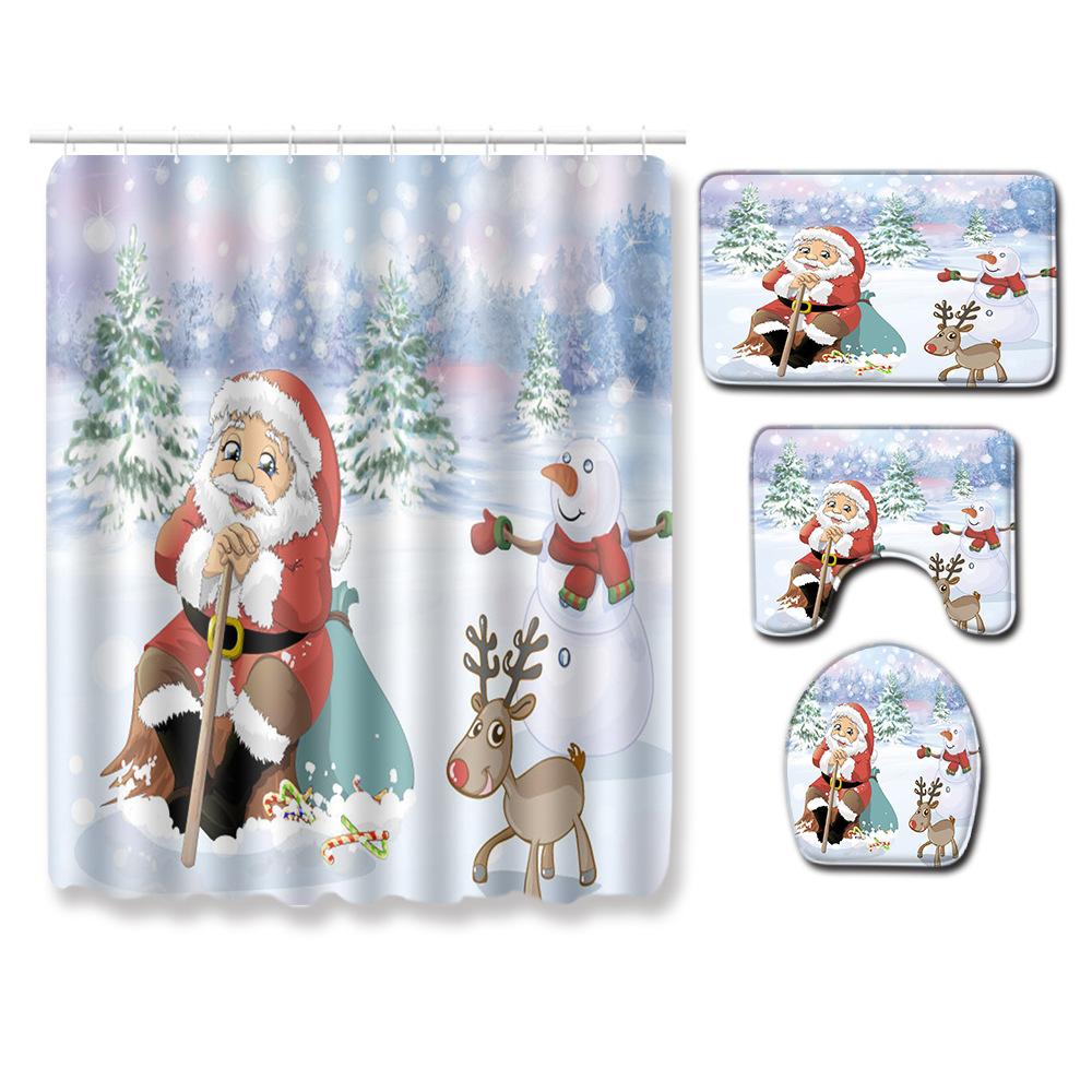 Christmas Shower Curtain Polyester Cloth Toilet Seat Four-Piece Set Entrance Door Mat Bedroom Living Room Floor Mat Carpet