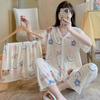 Short-Sleeved Pajamas Three-Piece Korean Version Of Sweet And Cute Cardigan Women'S Loungewear