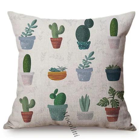 Greens Succulents Cactus Thorns Small Bonsai Design Sofa Decoration Cushion Cover Cotton Linen Office Throw Pillow Case