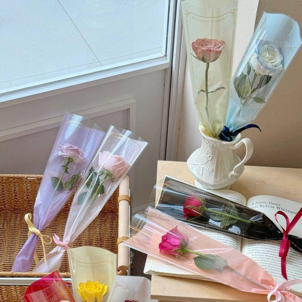 50pcs Transparent Single Rose Sleeves Waterproof Bouquet Packaging Sleeve Anniversary