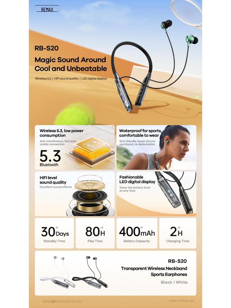 Водонепроницаемые беспроводные спортивные наушники REMAX Ruiliang RB-S20 с длительным сроком службы батареи