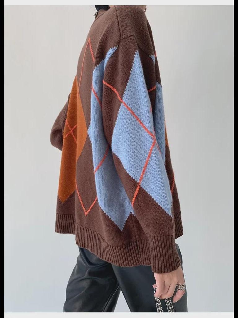 Hongshan Women's Brown V-Neck Diamond Pattern Wool Blend Cardigan Sweater