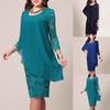Plus Size Solid Color Women Double Layer 3/4 Sleeve Round Neck Bodyon Midi Dress