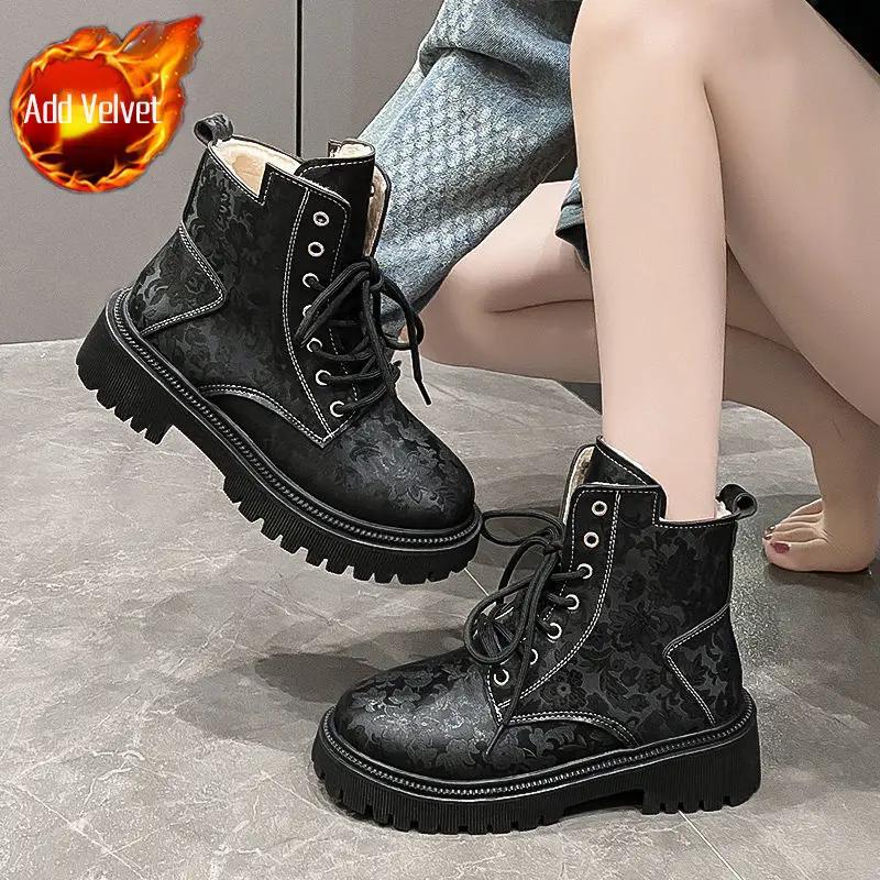 Женские ботильоны со шнурками, ботинки на шнуровке, зима 2024, большие размеры, теплые женские короткие туфли, мода, осень-весна, тренд, ПУ, популярный
