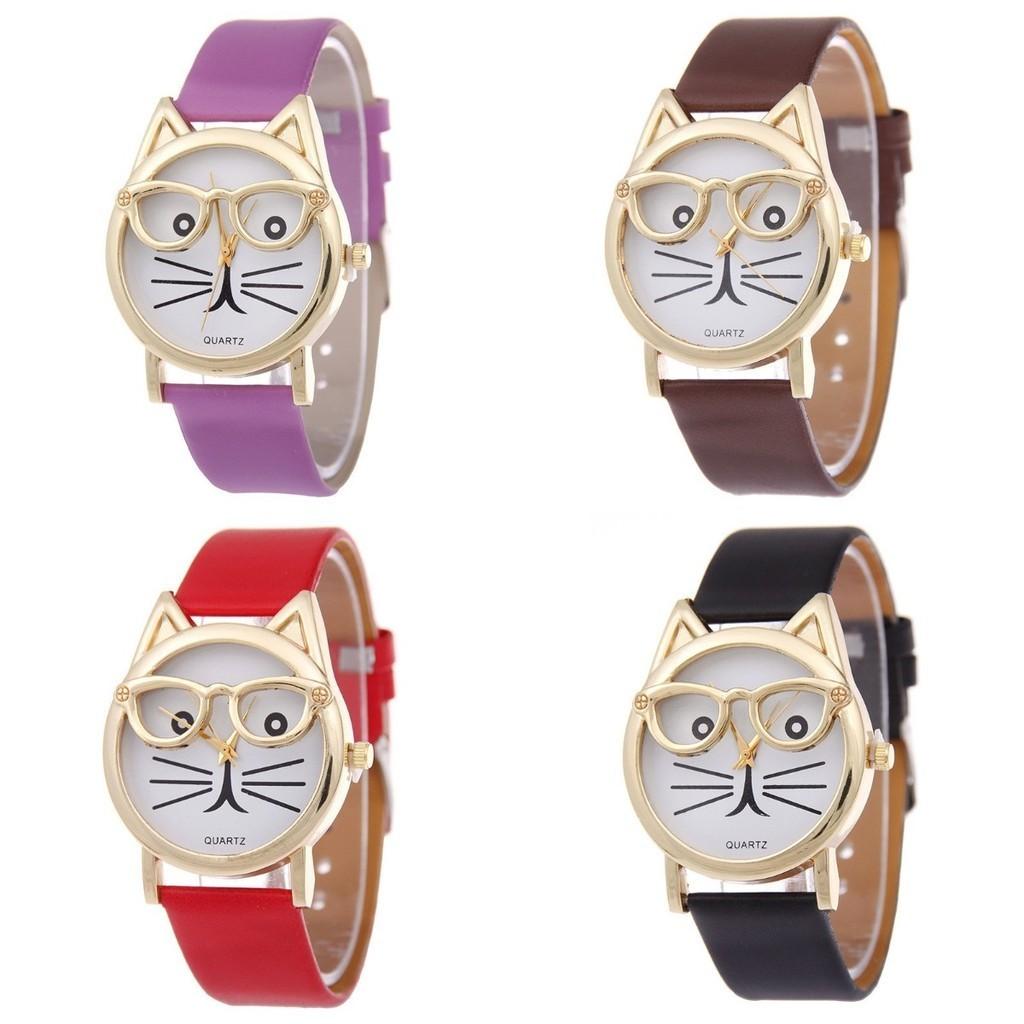 Очаровательные женские кварцевые часы с кошачьей мордочкой и кожаным ремешком, мультяшный дизайн