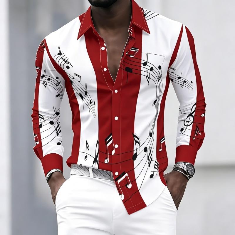 Men's Collared Shirt with Creative Musical Note Print, Trendy Long-sleeved Casual Top for Everyday Wear, Dates, and Outings.