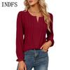 INDFS Women's Fashion Casual Solid Color Print Spring Autumn Long Sleeve V-Neck Pullovers & Long Sleeves