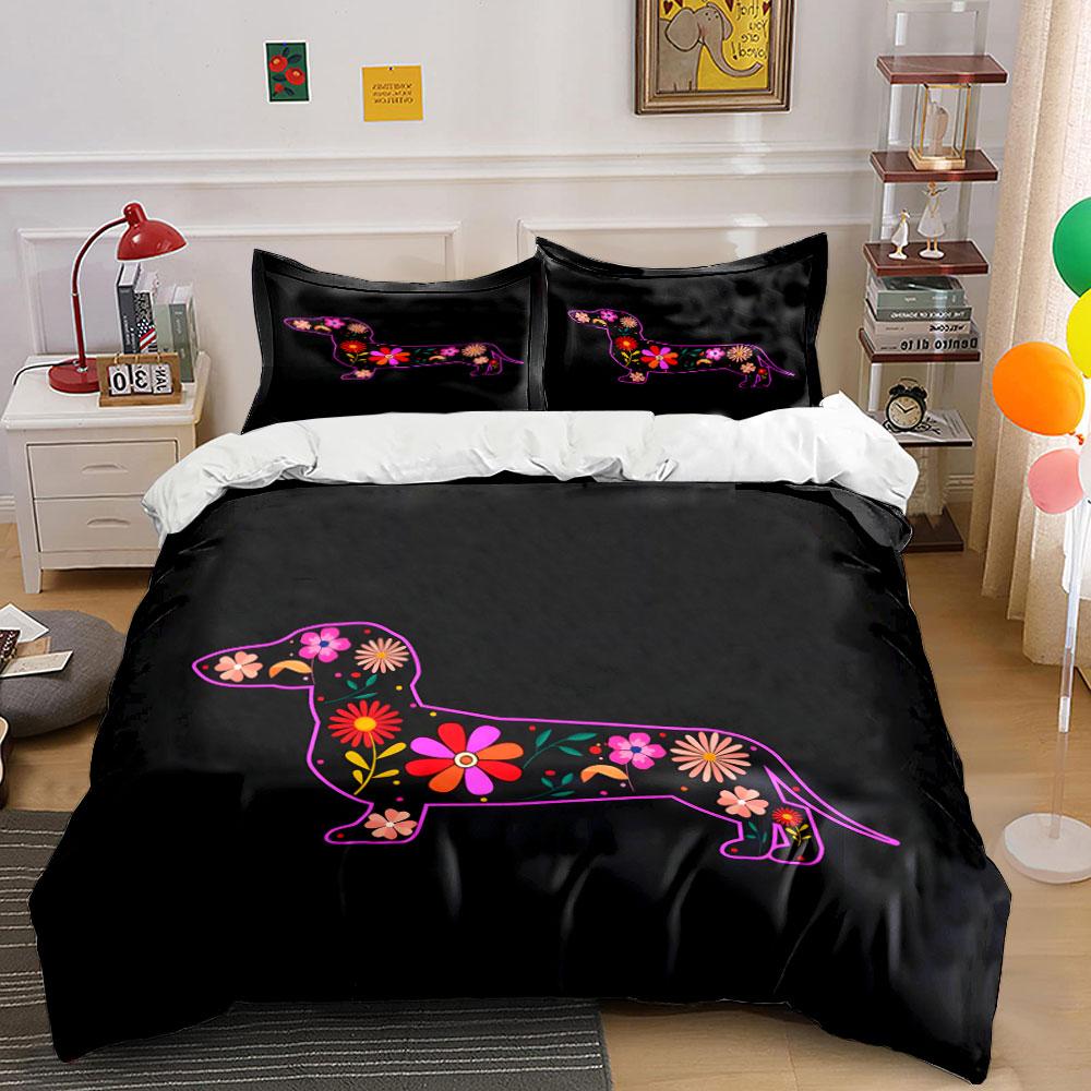 Colorful Floral Dachshund Design Set Bedding Set with 1 Duvet Cover 2 Pillowcases Single Double King Queen, Gift
