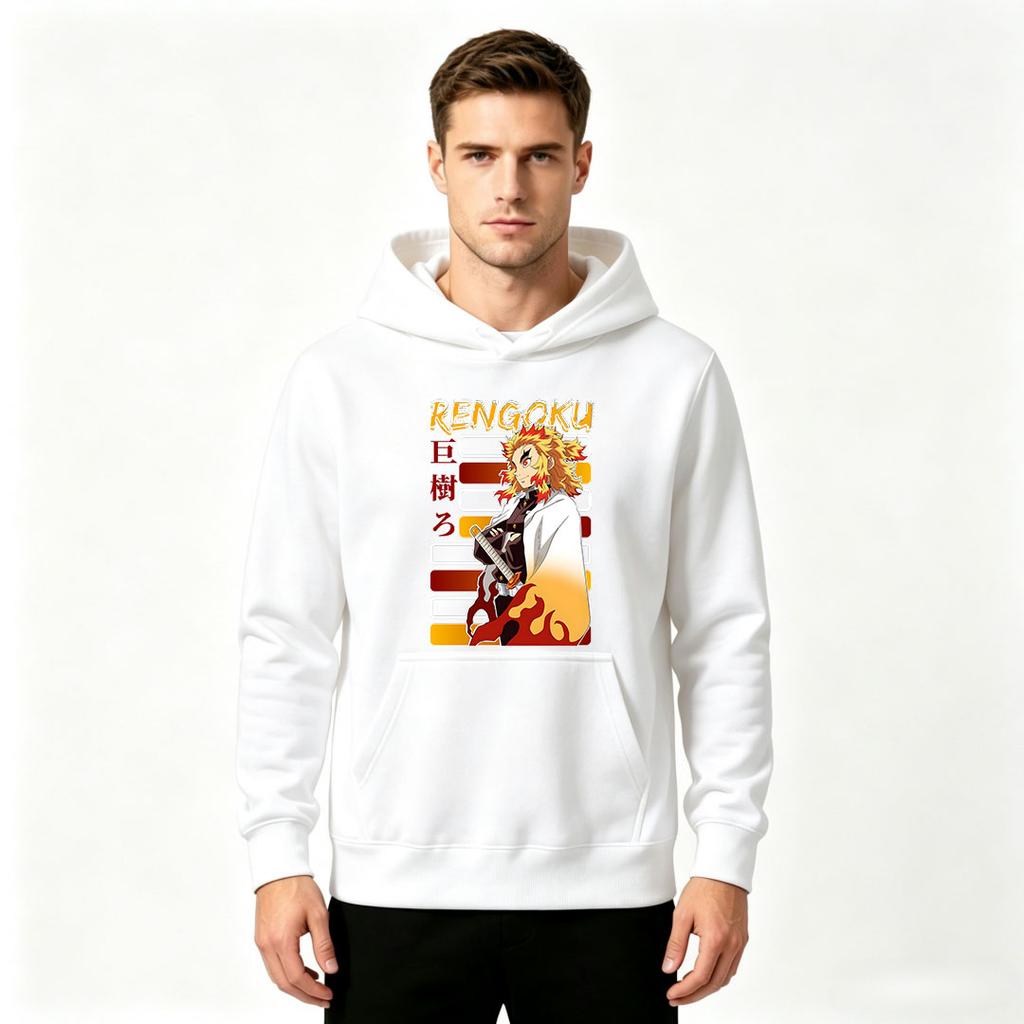 Men Anime Rengoku Print Pullover Hoodie Casual Long Sleeve Loose Sweatshirt for Daily Wear