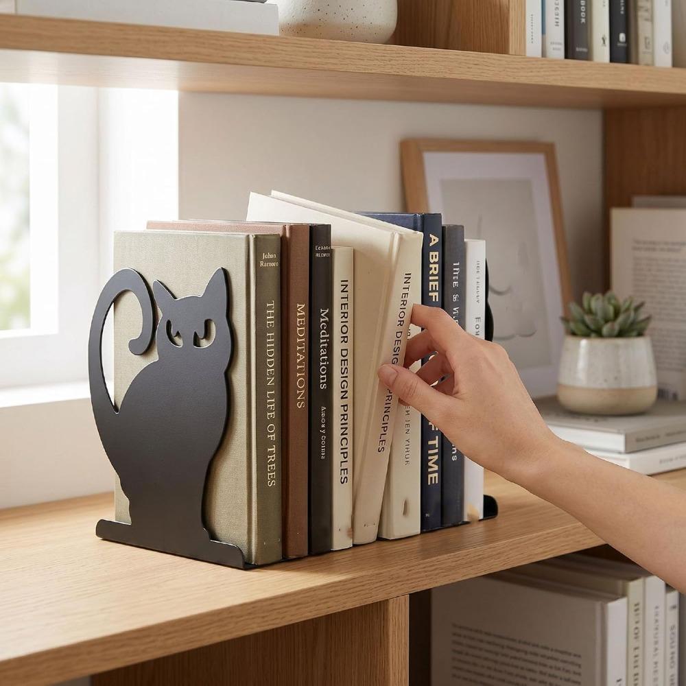 2pcs 4.72x4.37x5.87in Cat Shaped Book Stopper Iron Metal Bookends Decorative Cat Bookend Home Study