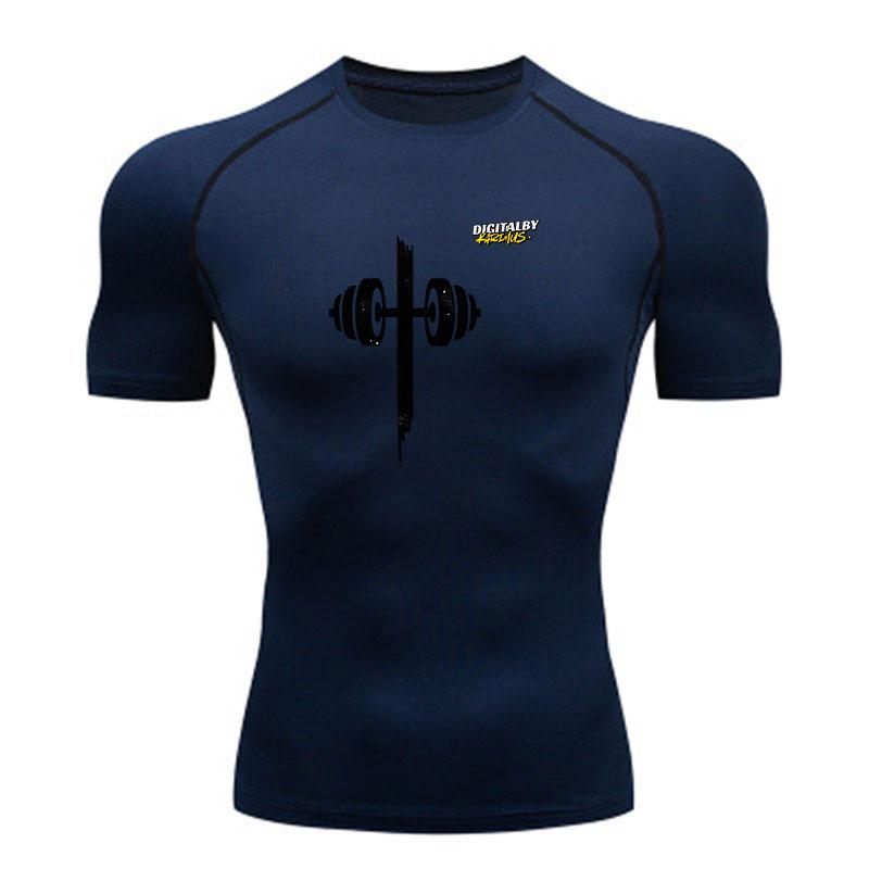 Men's Quick Dry Compression Fitness T-Shirt, Dumbbell Cross